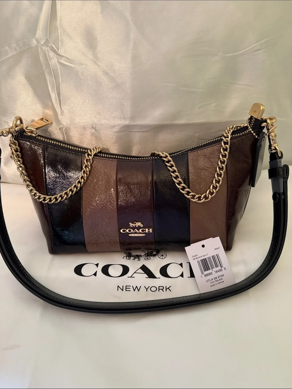 🖤🤎Coach NEW Caitlin Stripe-Crinkle Cut Leather Bag in Brown/Black Gold Hardware